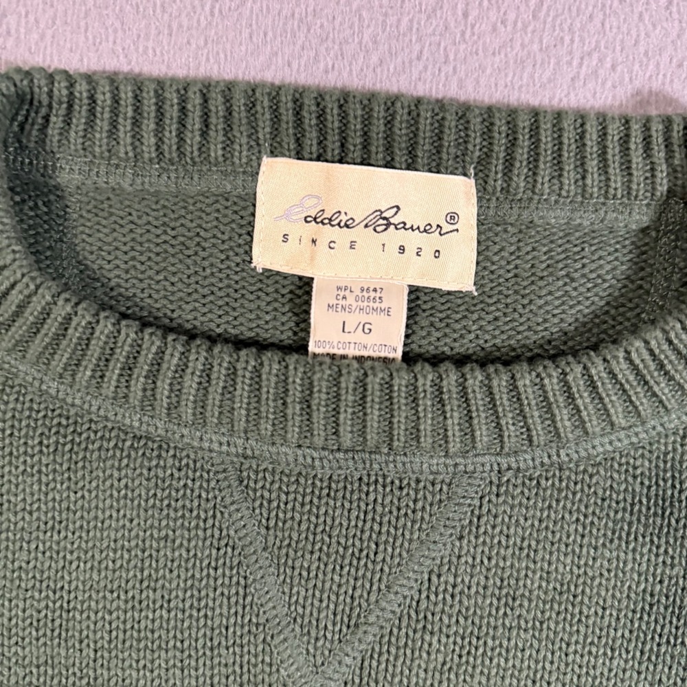 Eddie Bauer Mens‎ Large Crew Neck Long Sleeve Cotton Knit Sweater Green Casual - Picture 3 of 7